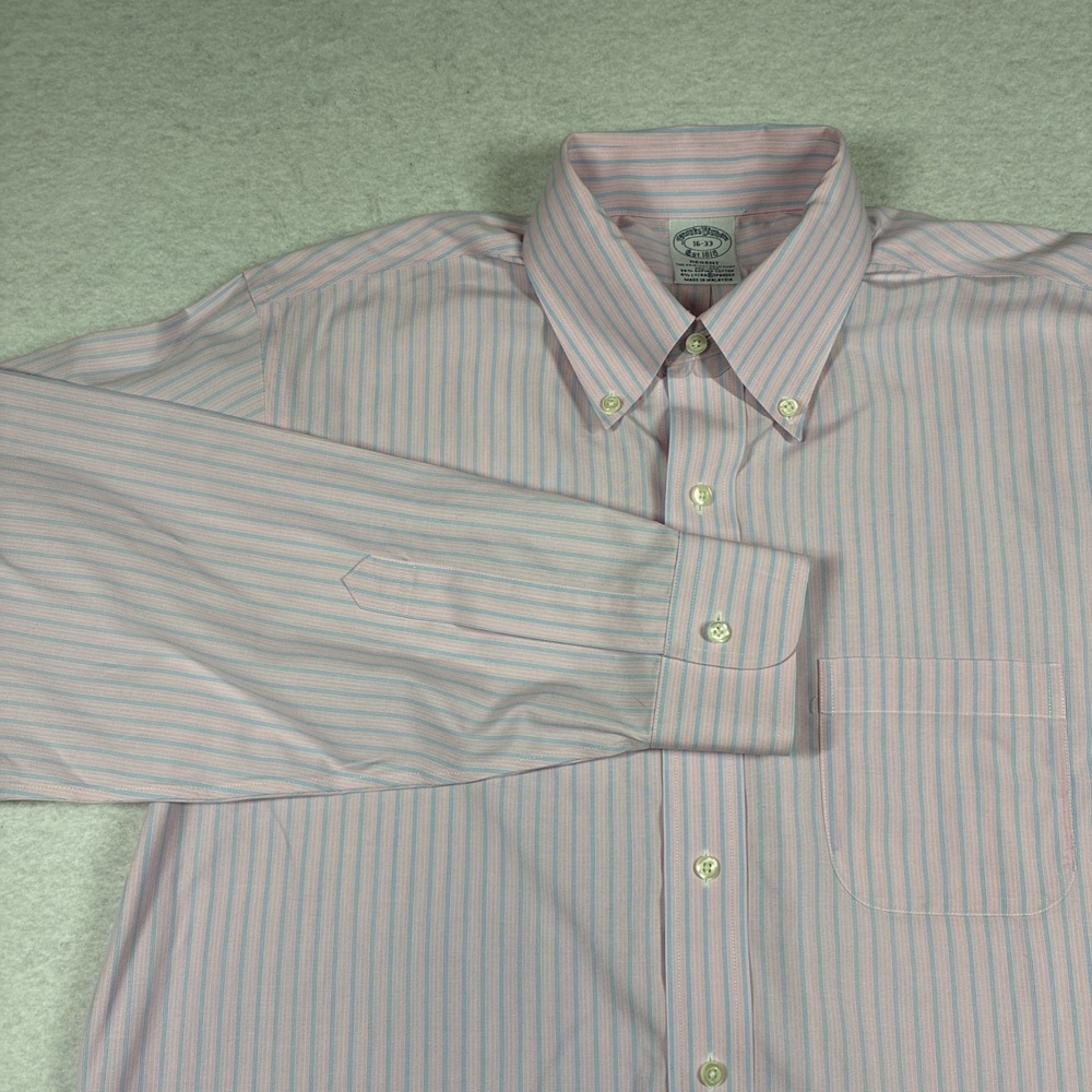 Brooks Brothers Shirt Mens‎ 16 33 Regent Fit Pink Blue Stripe Supima Cotton LS